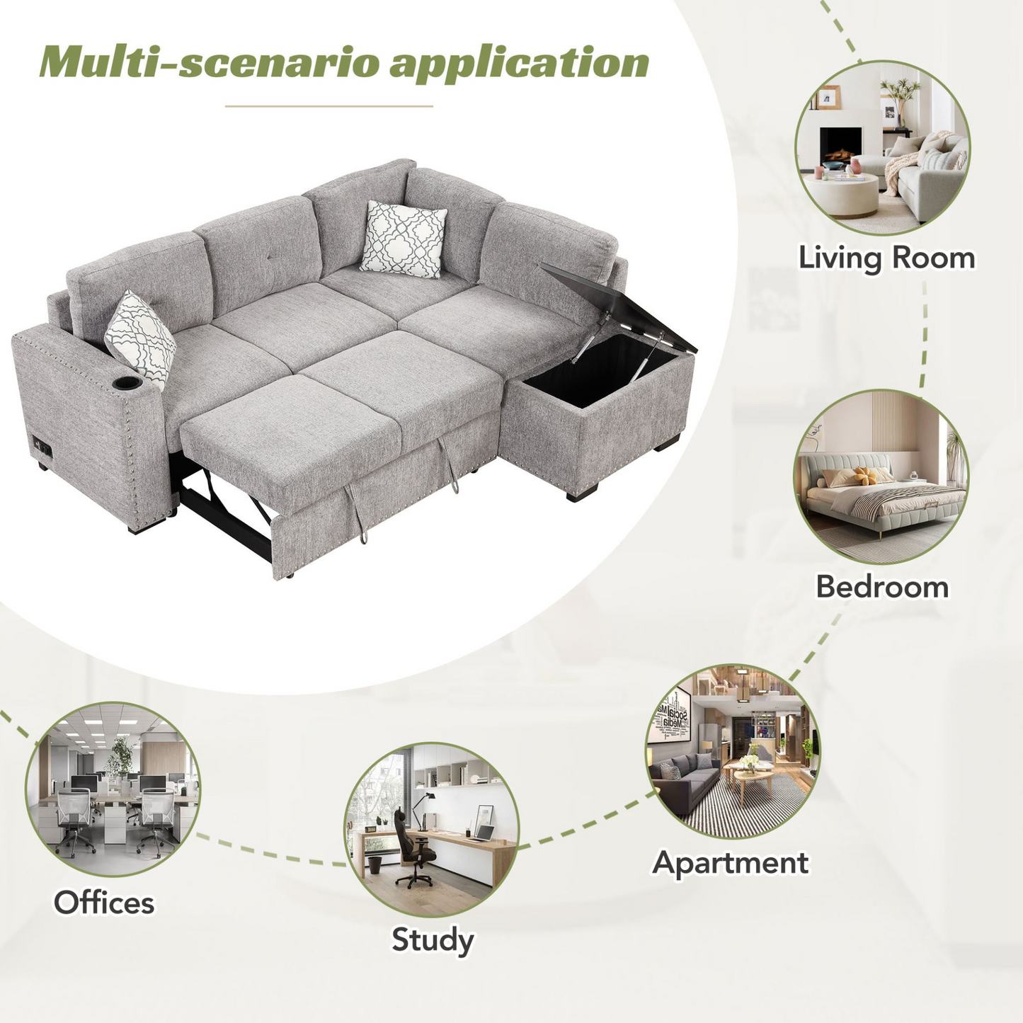 83.8" Sectional Pull-Out Sofa Bed L-Shaped Corner Sofa Couch with Storage Chaise, USB Ports, Power Sockets, Cup Holder - Light Gray