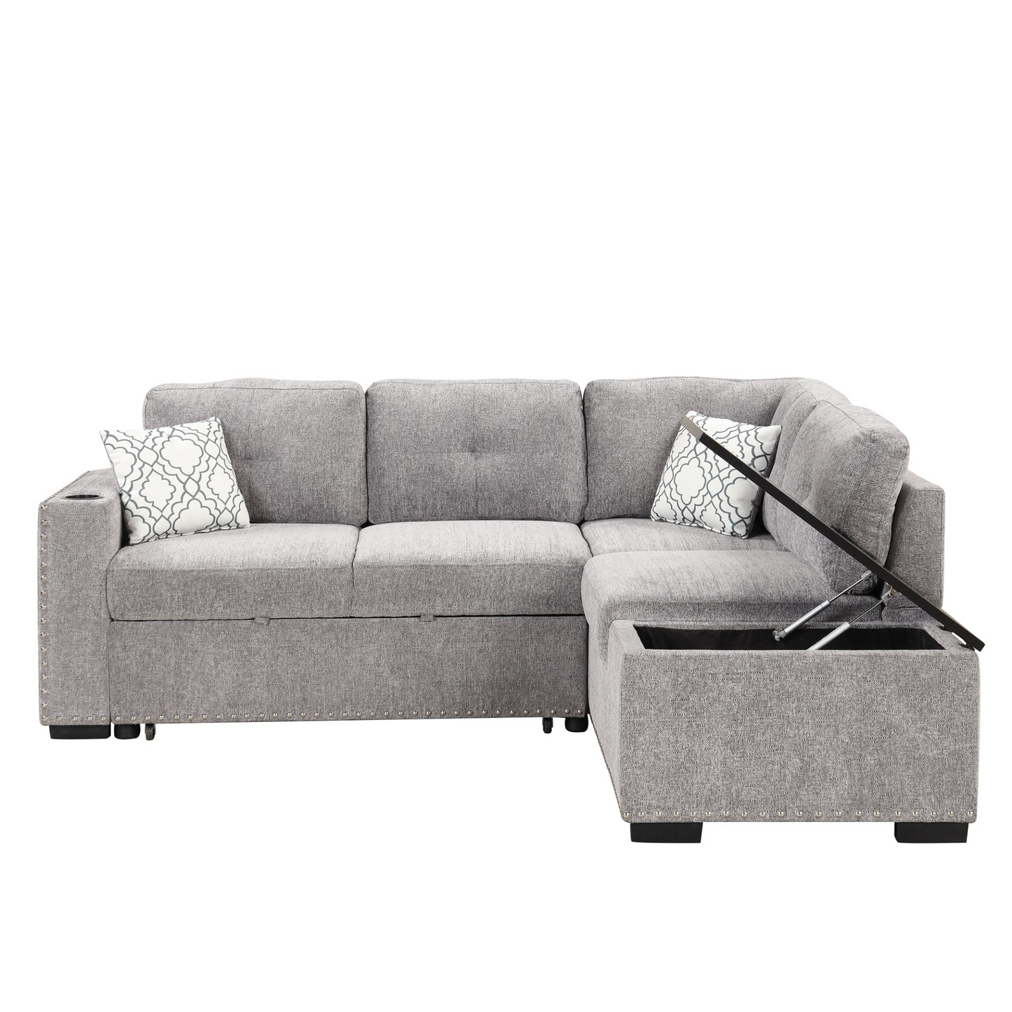 83.8" Sectional Pull-Out Sofa Bed L-Shaped Corner Sofa Couch with Storage Chaise, USB Ports, Power Sockets, Cup Holder - Light Gray