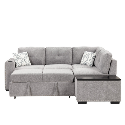 83.8" Sectional Pull-Out Sofa Bed L-Shaped Corner Sofa Couch with Storage Chaise, USB Ports, Power Sockets, Cup Holder - Light Gray