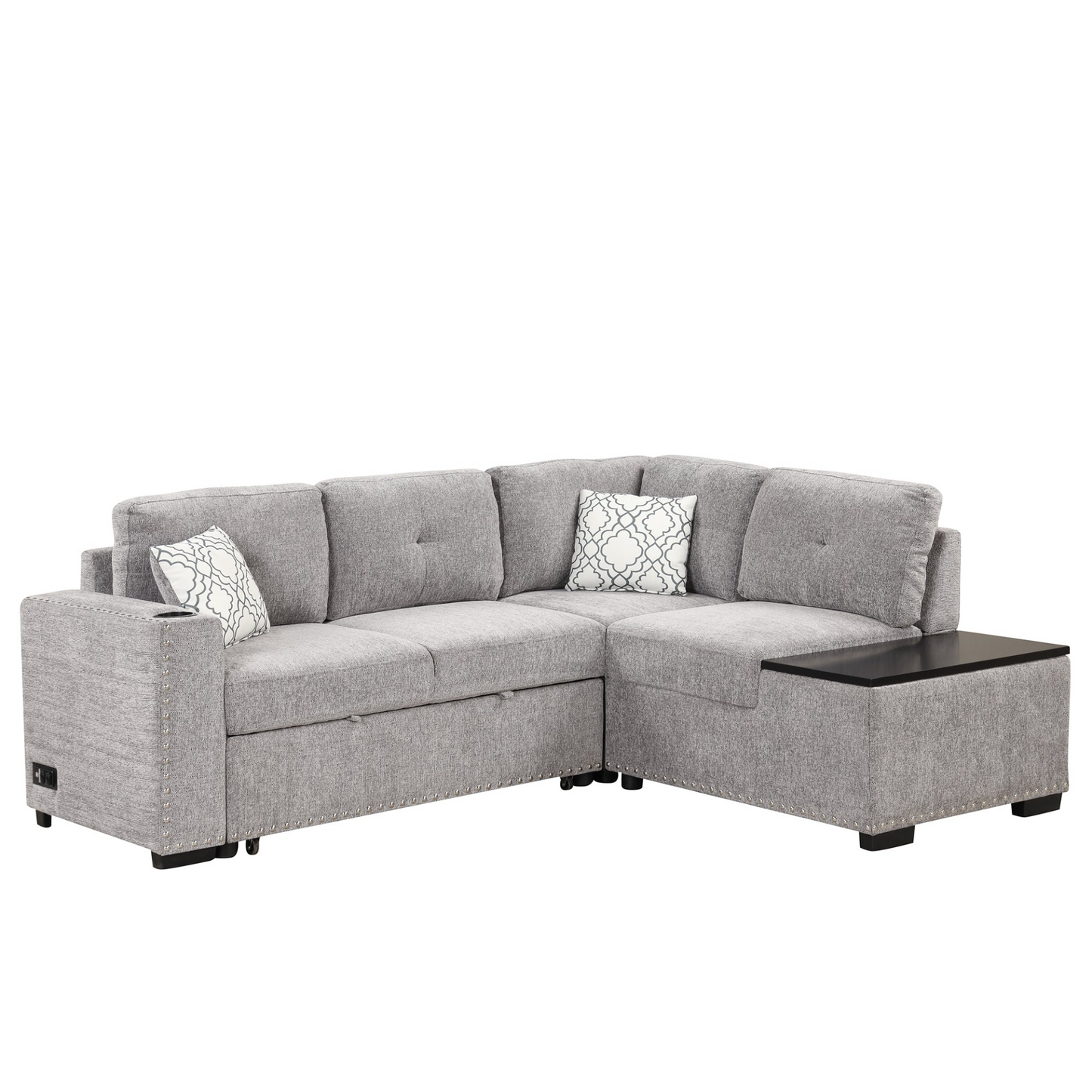 83.8" Sectional Pull-Out Sofa Bed L-Shaped Corner Sofa Couch with Storage Chaise, USB Ports, Power Sockets, Cup Holder - Light Gray