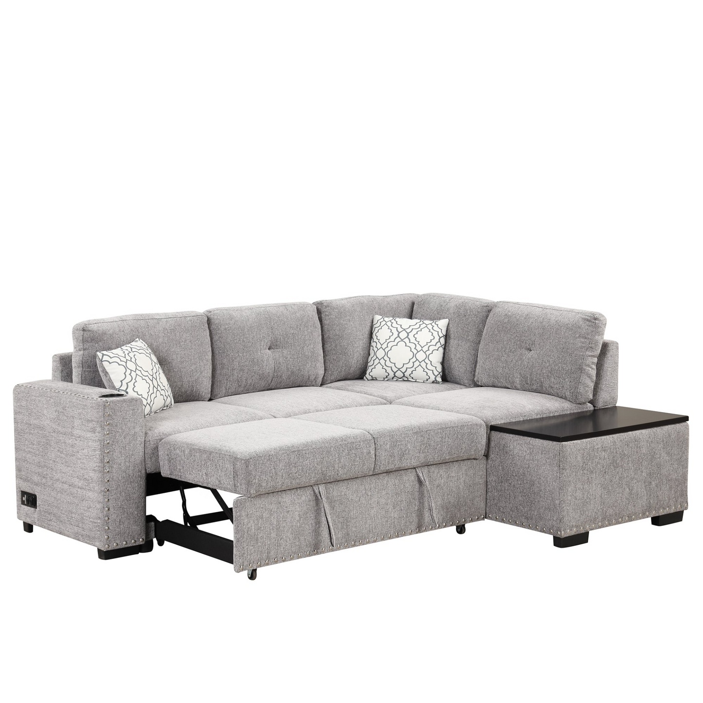 83.8" Sectional Pull-Out Sofa Bed L-Shaped Corner Sofa Couch with Storage Chaise, USB Ports, Power Sockets, Cup Holder - Light Gray