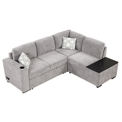 83.8" Sectional Pull-Out Sofa Bed L-Shaped Corner Sofa Couch with Storage Chaise, USB Ports, Power Sockets, Cup Holder - Light Gray