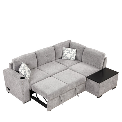 83.8" Sectional Pull-Out Sofa Bed L-Shaped Corner Sofa Couch with Storage Chaise, USB Ports, Power Sockets, Cup Holder - Light Gray