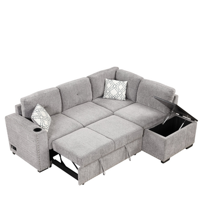 83.8" Sectional Pull-Out Sofa Bed L-Shaped Corner Sofa Couch with Storage Chaise, USB Ports, Power Sockets, Cup Holder - Light Gray