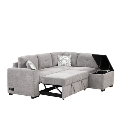 83.8" Sectional Pull-Out Sofa Bed L-Shaped Corner Sofa Couch with Storage Chaise, USB Ports, Power Sockets, Cup Holder - Light Gray