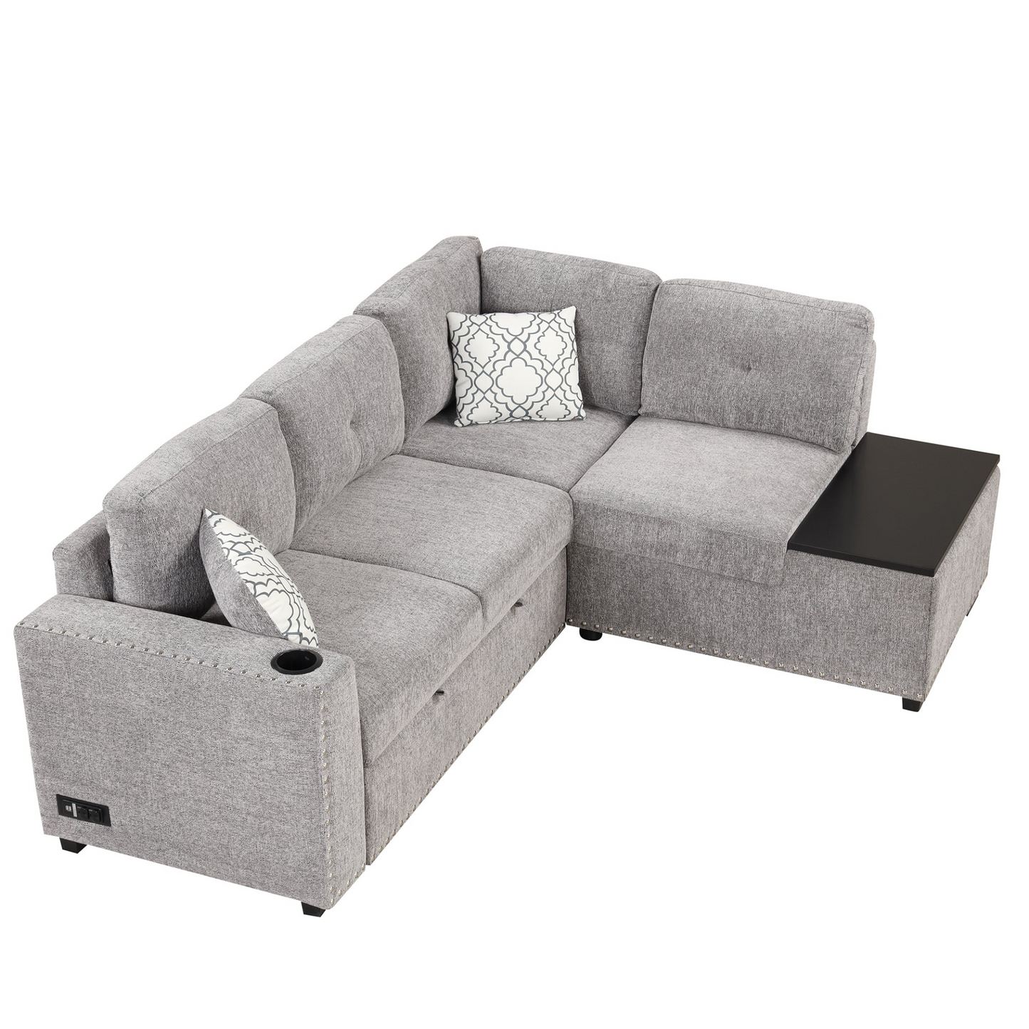 83.8" Sectional Pull-Out Sofa Bed L-Shaped Corner Sofa Couch with Storage Chaise, USB Ports, Power Sockets, Cup Holder - Light Gray