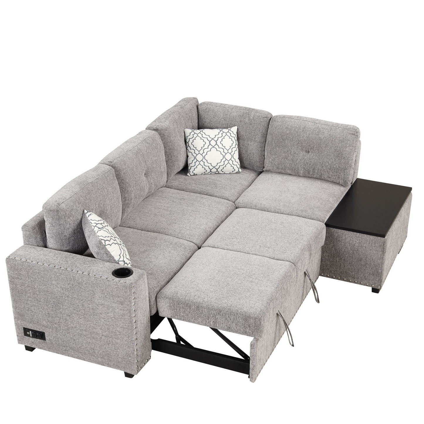 83.8" Sectional Pull-Out Sofa Bed L-Shaped Corner Sofa Couch with Storage Chaise, USB Ports, Power Sockets, Cup Holder - Light Gray