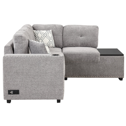 83.8" Sectional Pull-Out Sofa Bed L-Shaped Corner Sofa Couch with Storage Chaise, USB Ports, Power Sockets, Cup Holder - Light Gray