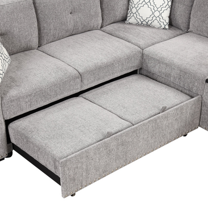 83.8" Sectional Pull-Out Sofa Bed L-Shaped Corner Sofa Couch with Storage Chaise, USB Ports, Power Sockets, Cup Holder - Light Gray