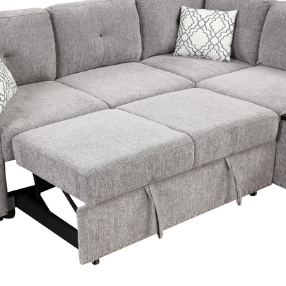 83.8" Sectional Pull-Out Sofa Bed L-Shaped Corner Sofa Couch with Storage Chaise, USB Ports, Power Sockets, Cup Holder - Light Gray