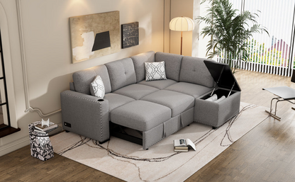 83.8" Sectional Pull-Out Sofa Bed L-Shaped Corner Sofa Couch with Storage Chaise, USB Ports, Power Sockets, Cup Holder - Light Gray