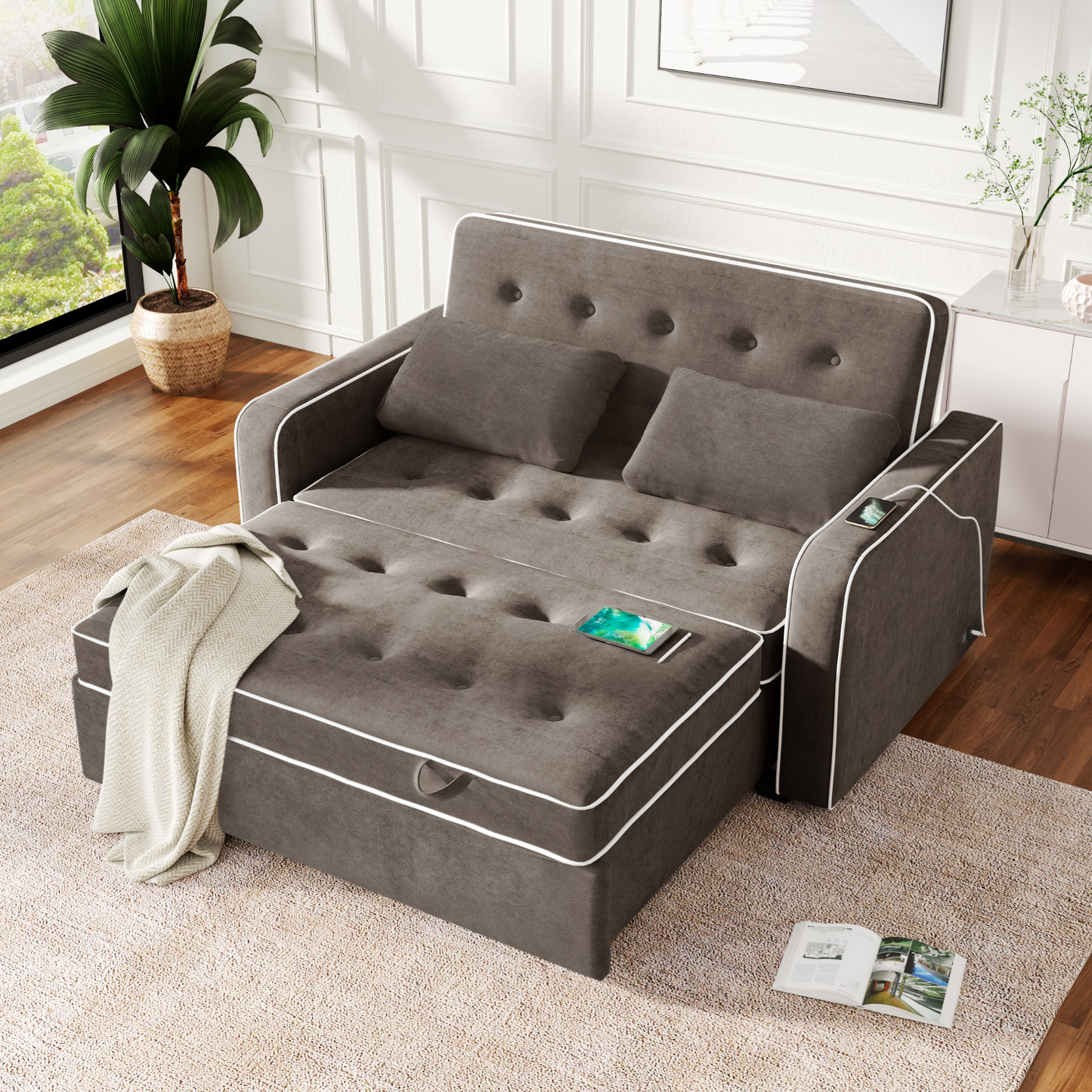 Upgrade Your Living Room with the 65.7" Linen Upholstered Sleeper Bed - Pull Out Sofa Bed Couch with Dual USB Charging Port