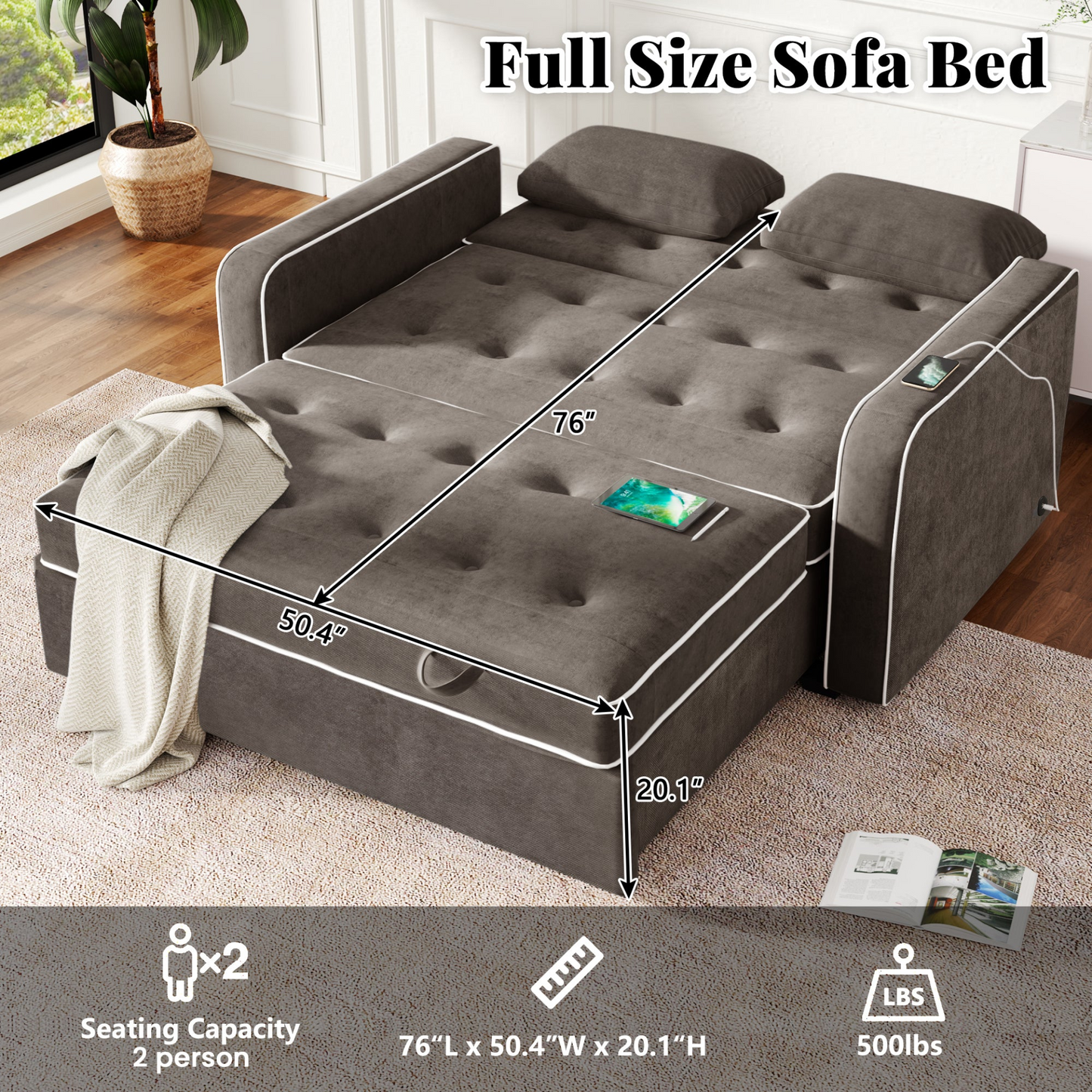 Upgrade Your Living Room with the 65.7" Linen Upholstered Sleeper Bed - Pull Out Sofa Bed Couch with Dual USB Charging Port