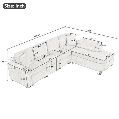 L-Shaped Sectional Sofa with Storage, Cup Holder, USB - Black