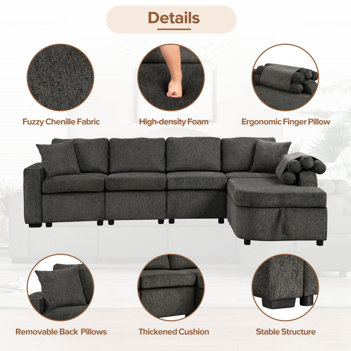 L-Shaped Sectional Sofa with Storage, Cup Holder, USB - Black