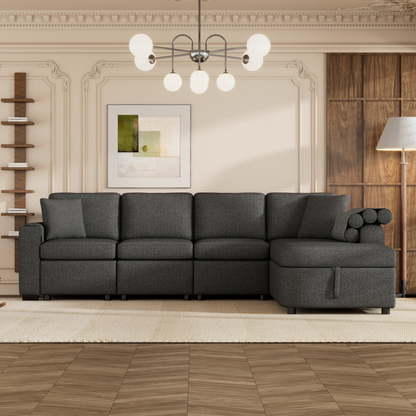 L-Shaped Sectional Sofa with Storage, Cup Holder, USB - Black