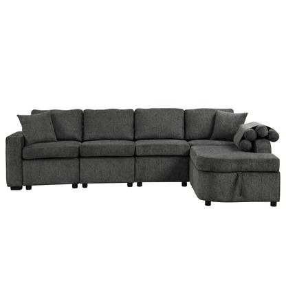 L-Shaped Sectional Sofa with Storage, Cup Holder, USB - Black