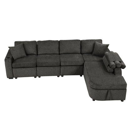 L-Shaped Sectional Sofa with Storage, Cup Holder, USB - Black