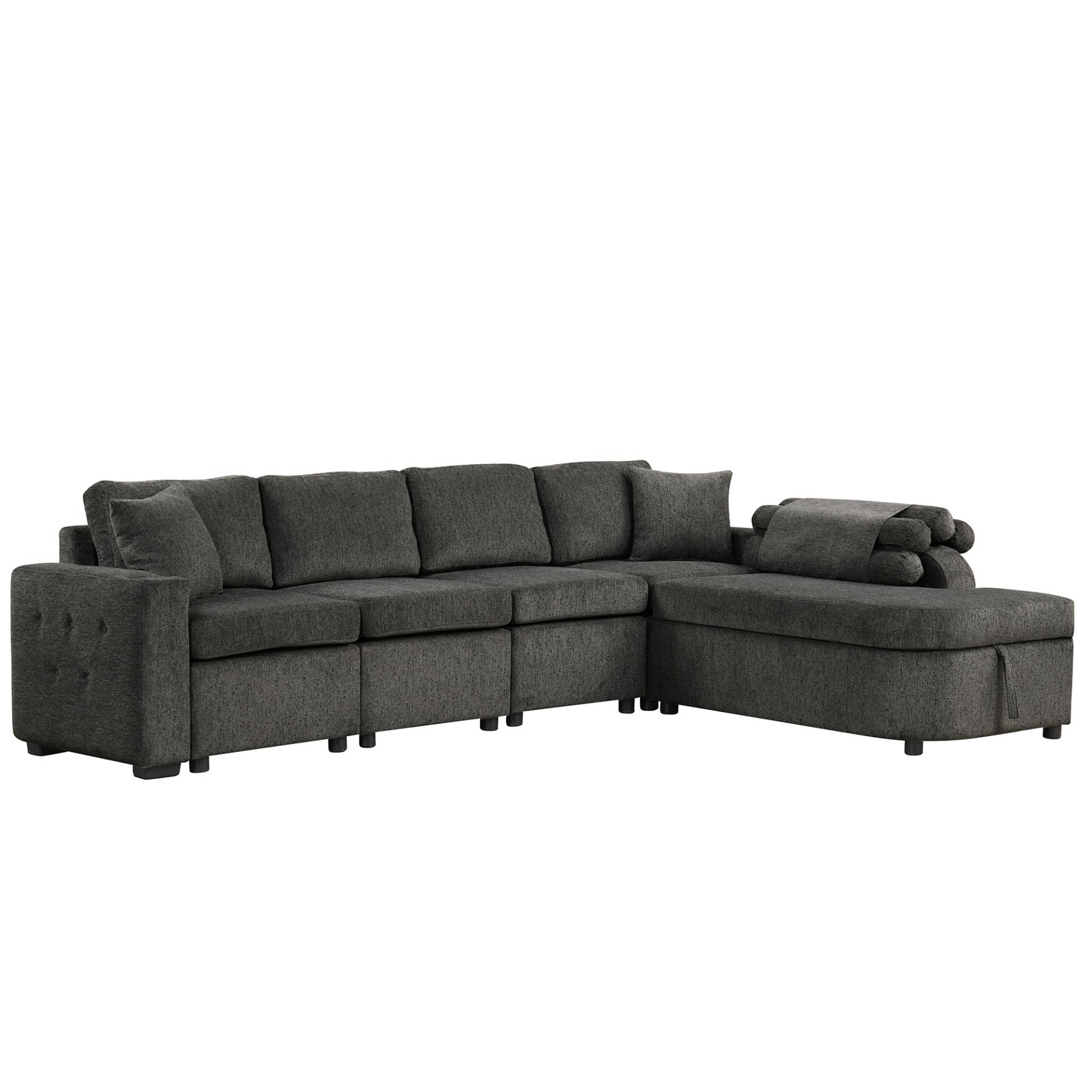 L-Shaped Sectional Sofa with Storage, Cup Holder, USB - Black