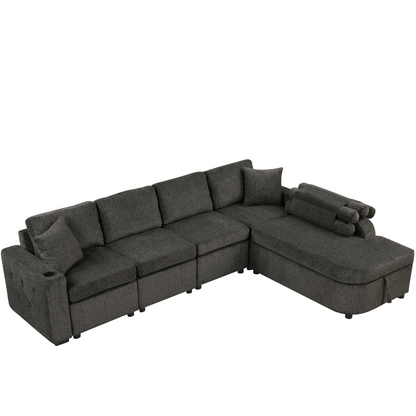 L-Shaped Sectional Sofa with Storage, Cup Holder, USB - Black