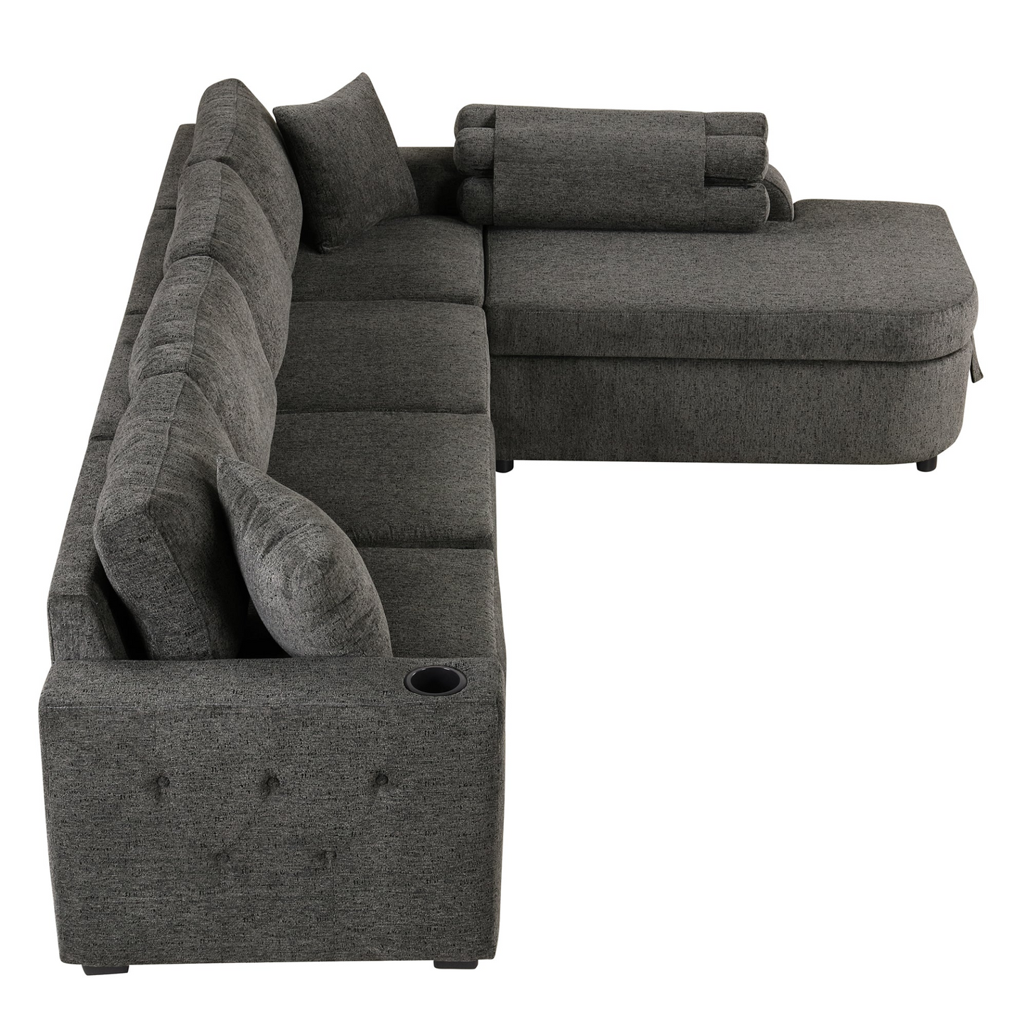 L-Shaped Sectional Sofa with Storage, Cup Holder, USB - Black