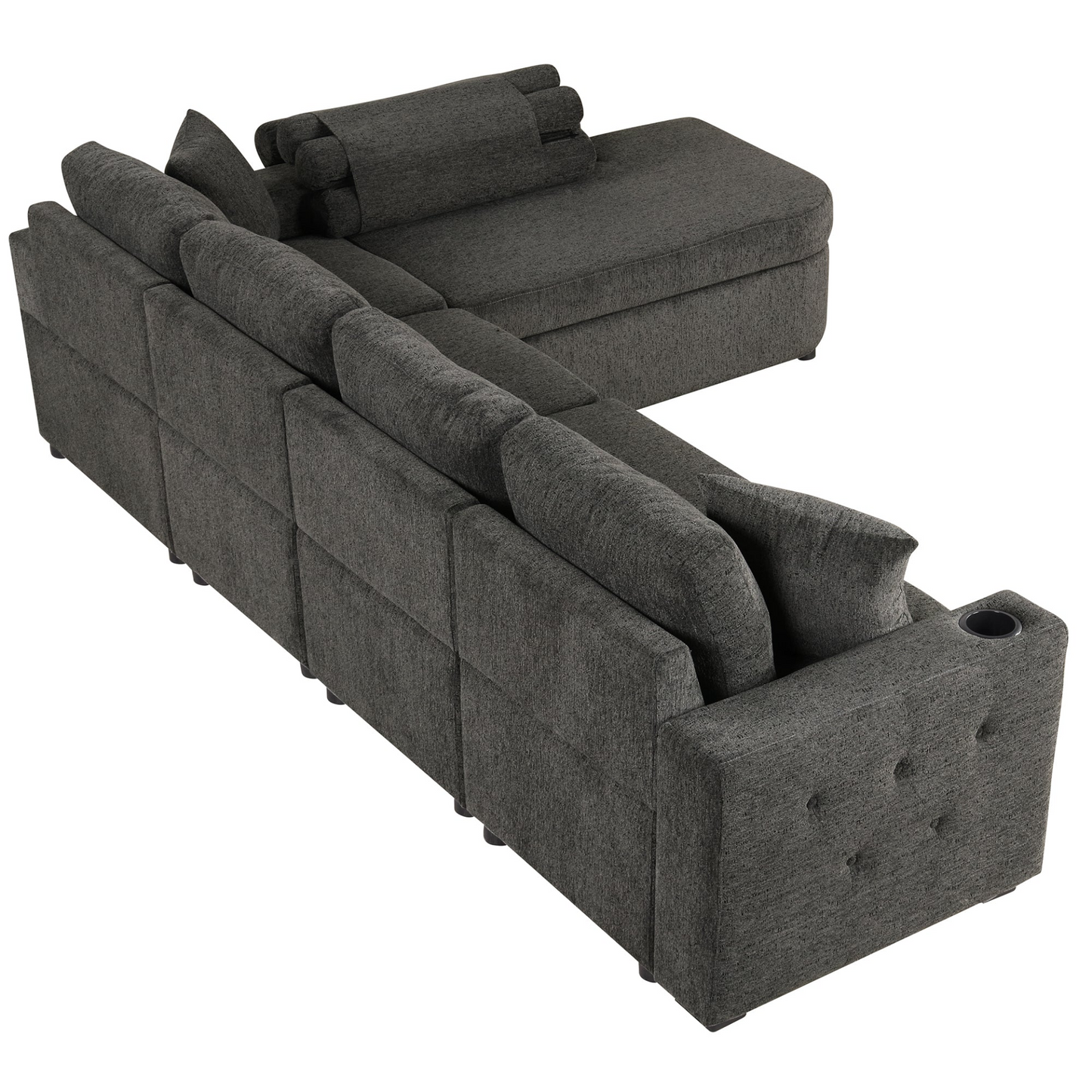 L-Shaped Sectional Sofa with Storage, Cup Holder, USB - Black