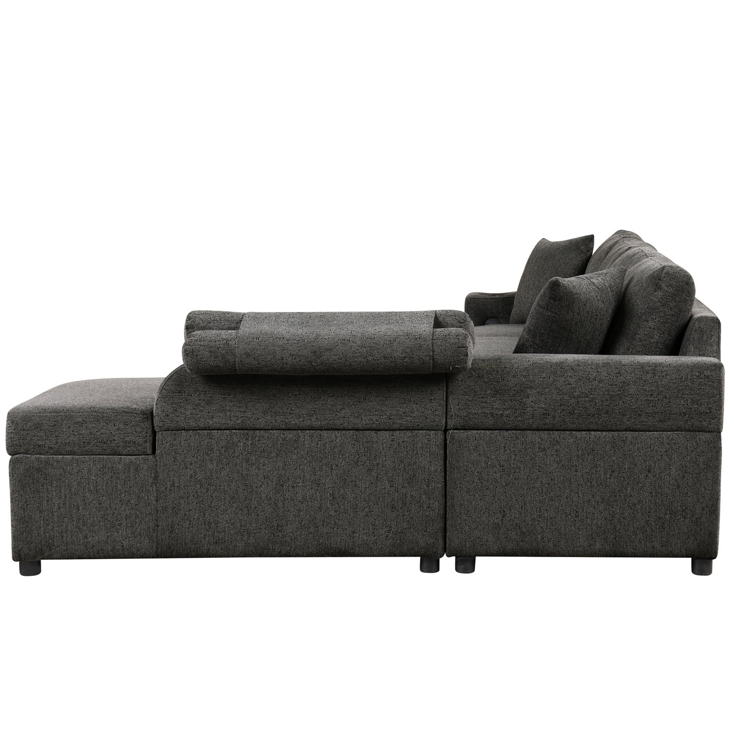 L-Shaped Sectional Sofa with Storage, Cup Holder, USB - Black