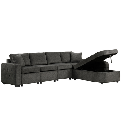 L-Shaped Sectional Sofa with Storage, Cup Holder, USB - Black