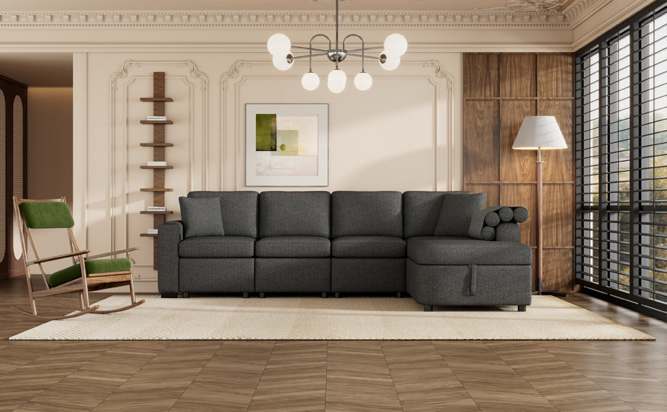 L-Shaped Sectional Sofa with Storage, Cup Holder, USB - Black