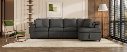 L-Shaped Sectional Sofa with Storage, Cup Holder, USB - Black