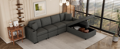 L-Shaped Sectional Sofa with Storage, Cup Holder, USB - Black