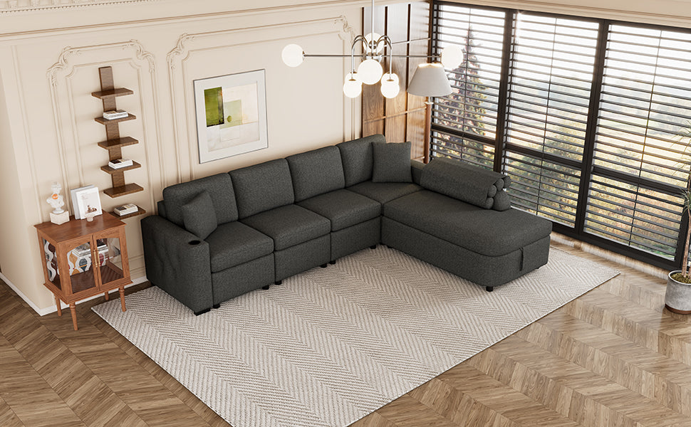 L-Shaped Sectional Sofa with Storage, Cup Holder, USB - Black