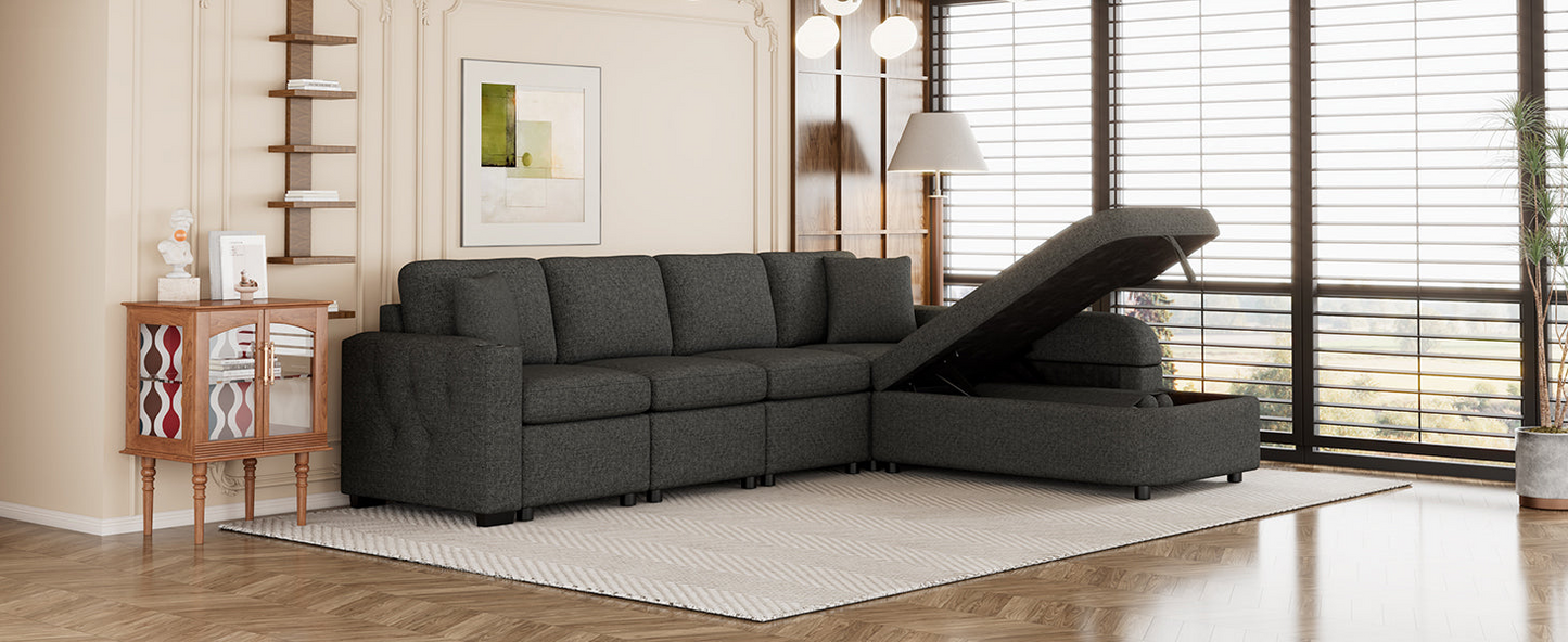 L-Shaped Sectional Sofa with Storage, Cup Holder, USB - Black