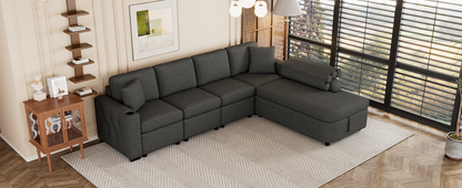 L-Shaped Sectional Sofa with Storage, Cup Holder, USB - Black