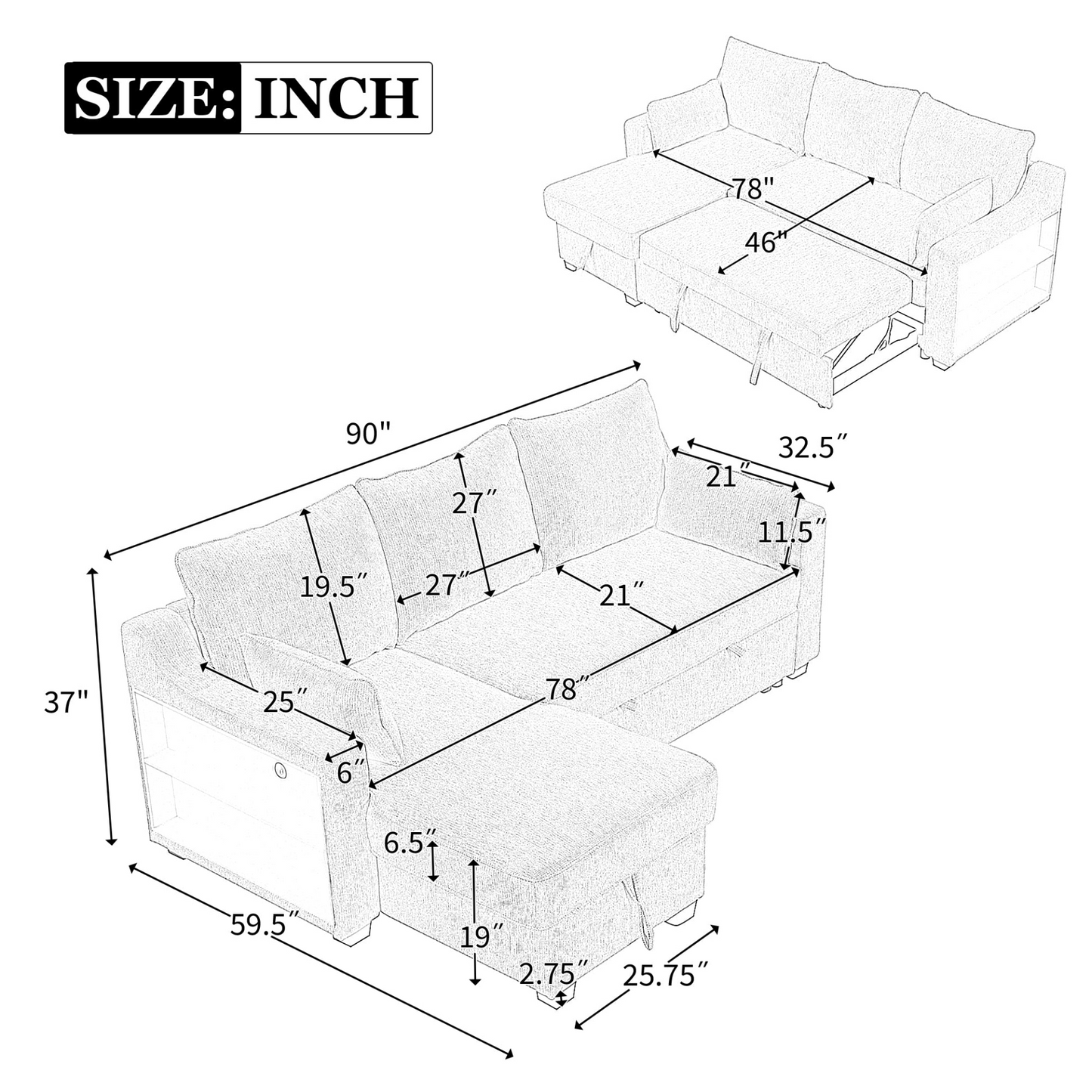 90" Pull Out Sleeper Sofa L-Shaped Couch | Convertible Sofa Bed with Storage Chaise, Racks, and USB Ports - Light Brown