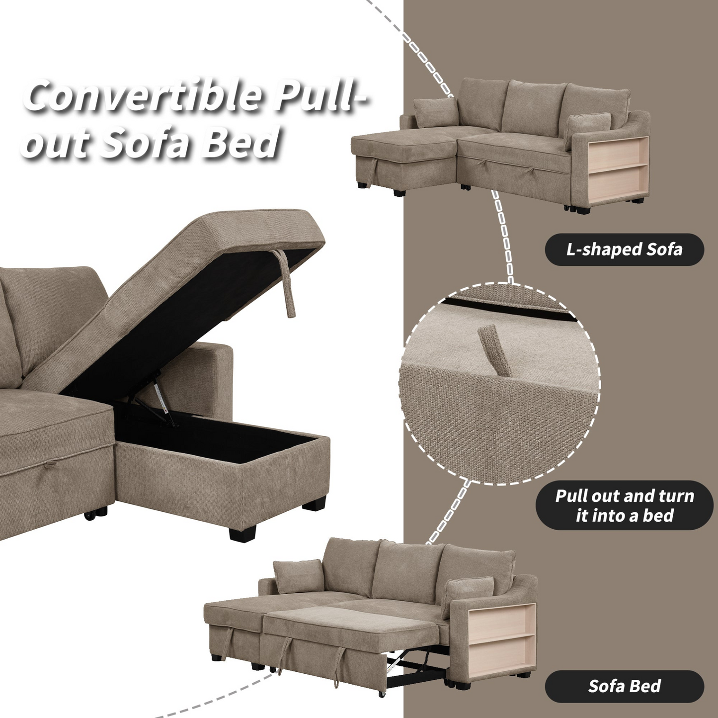 90" Pull Out Sleeper Sofa L-Shaped Couch | Convertible Sofa Bed with Storage Chaise, Racks, and USB Ports - Light Brown