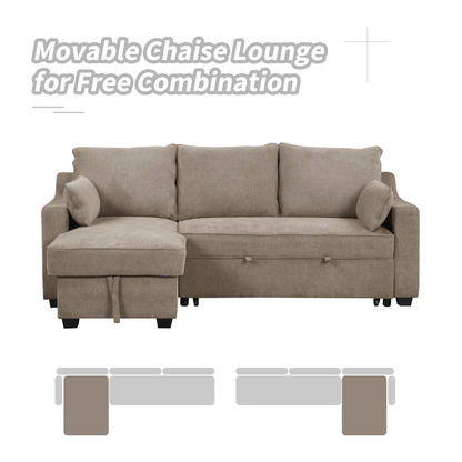 90" Pull Out Sleeper Sofa L-Shaped Couch | Convertible Sofa Bed with Storage Chaise, Racks, and USB Ports - Light Brown