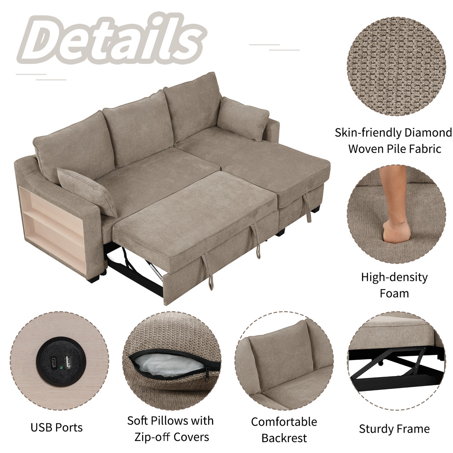 90" Pull Out Sleeper Sofa L-Shaped Couch | Convertible Sofa Bed with Storage Chaise, Racks, and USB Ports - Light Brown