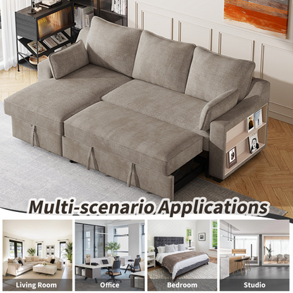 90" Pull Out Sleeper Sofa L-Shaped Couch | Convertible Sofa Bed with Storage Chaise, Racks, and USB Ports - Light Brown