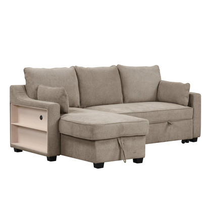 90" Pull Out Sleeper Sofa L-Shaped Couch | Convertible Sofa Bed with Storage Chaise, Racks, and USB Ports - Light Brown