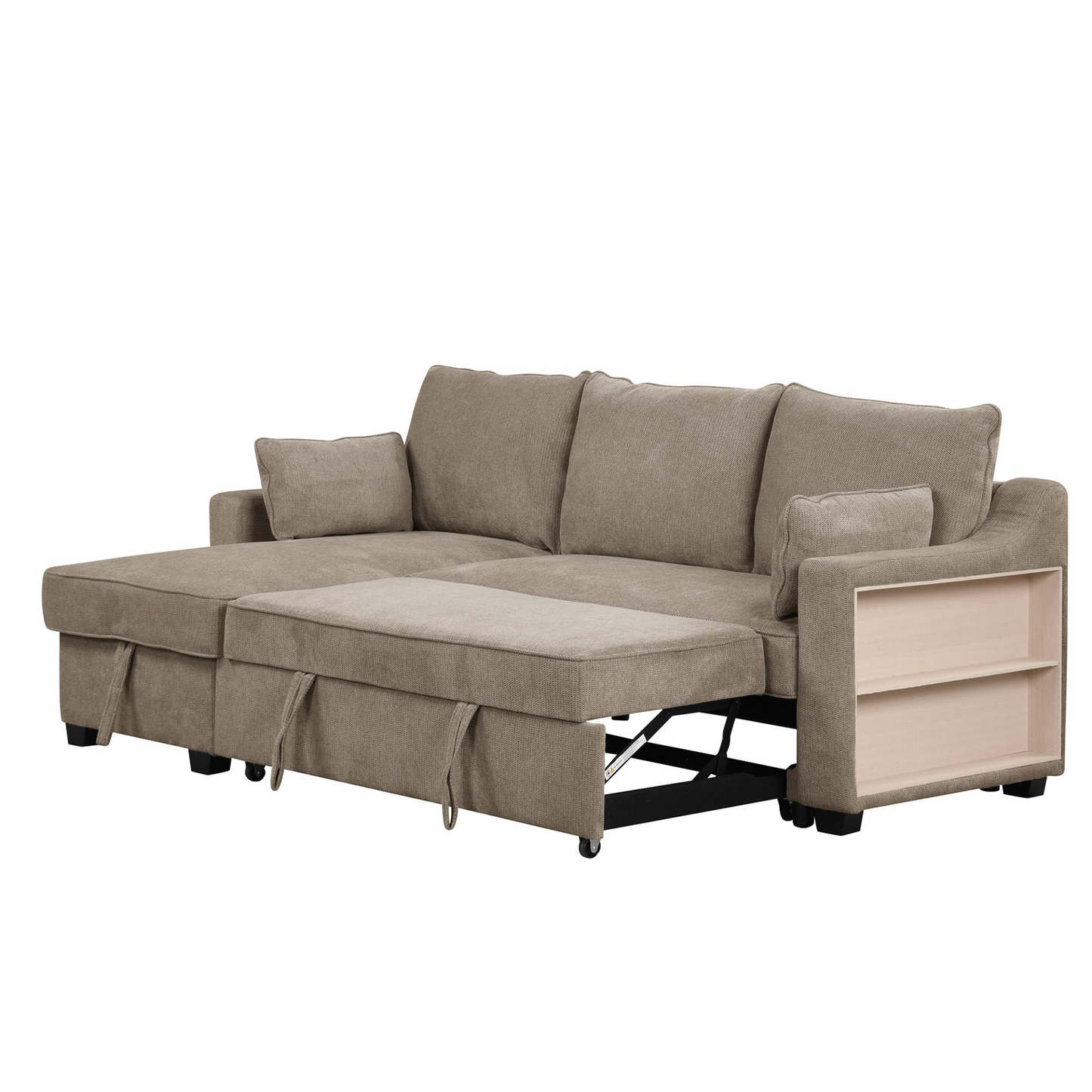 90" Pull Out Sleeper Sofa L-Shaped Couch | Convertible Sofa Bed with Storage Chaise, Racks, and USB Ports - Light Brown