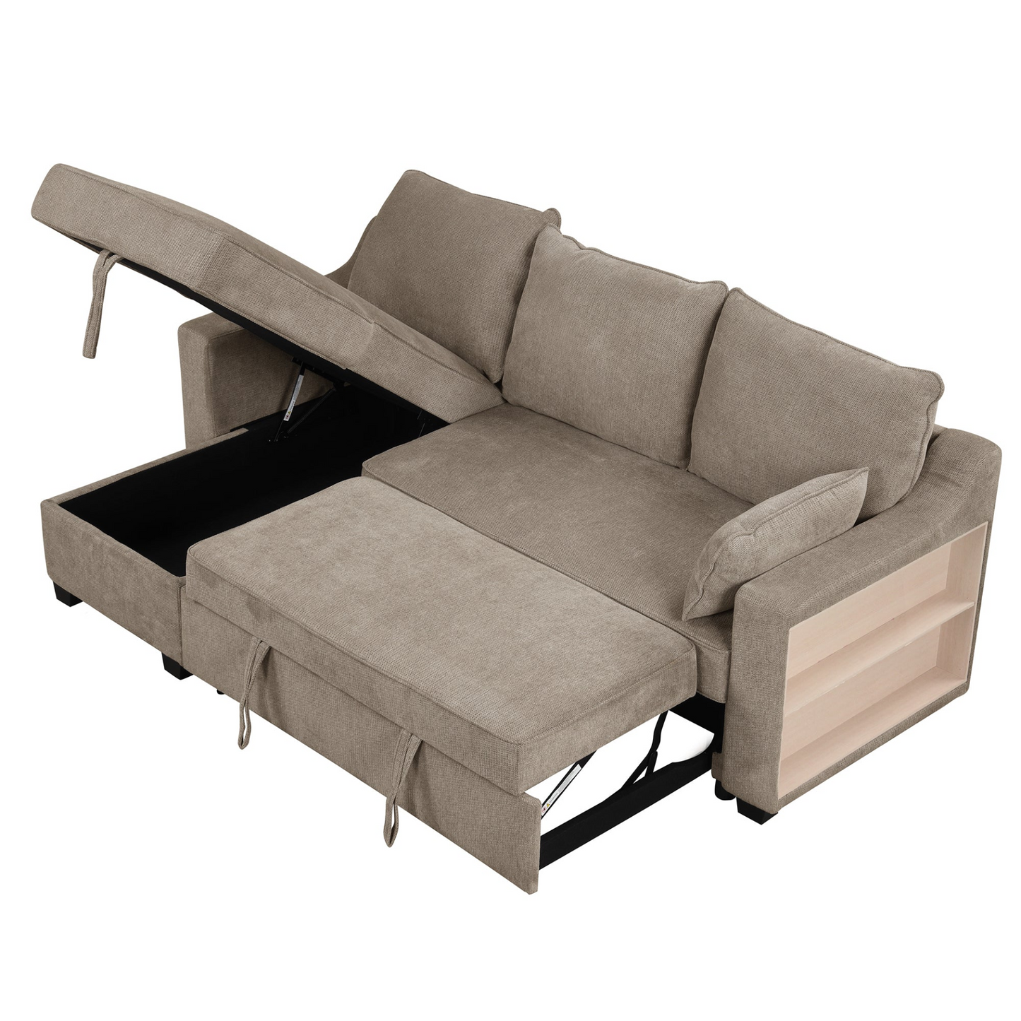 90" Pull Out Sleeper Sofa L-Shaped Couch | Convertible Sofa Bed with Storage Chaise, Racks, and USB Ports - Light Brown