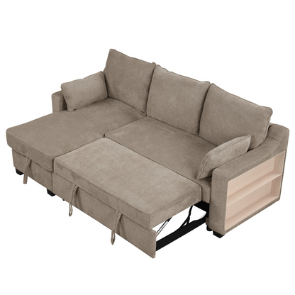 90" Pull Out Sleeper Sofa L-Shaped Couch | Convertible Sofa Bed with Storage Chaise, Racks, and USB Ports - Light Brown