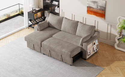 90" Pull Out Sleeper Sofa L-Shaped Couch | Convertible Sofa Bed with Storage Chaise, Racks, and USB Ports - Light Brown