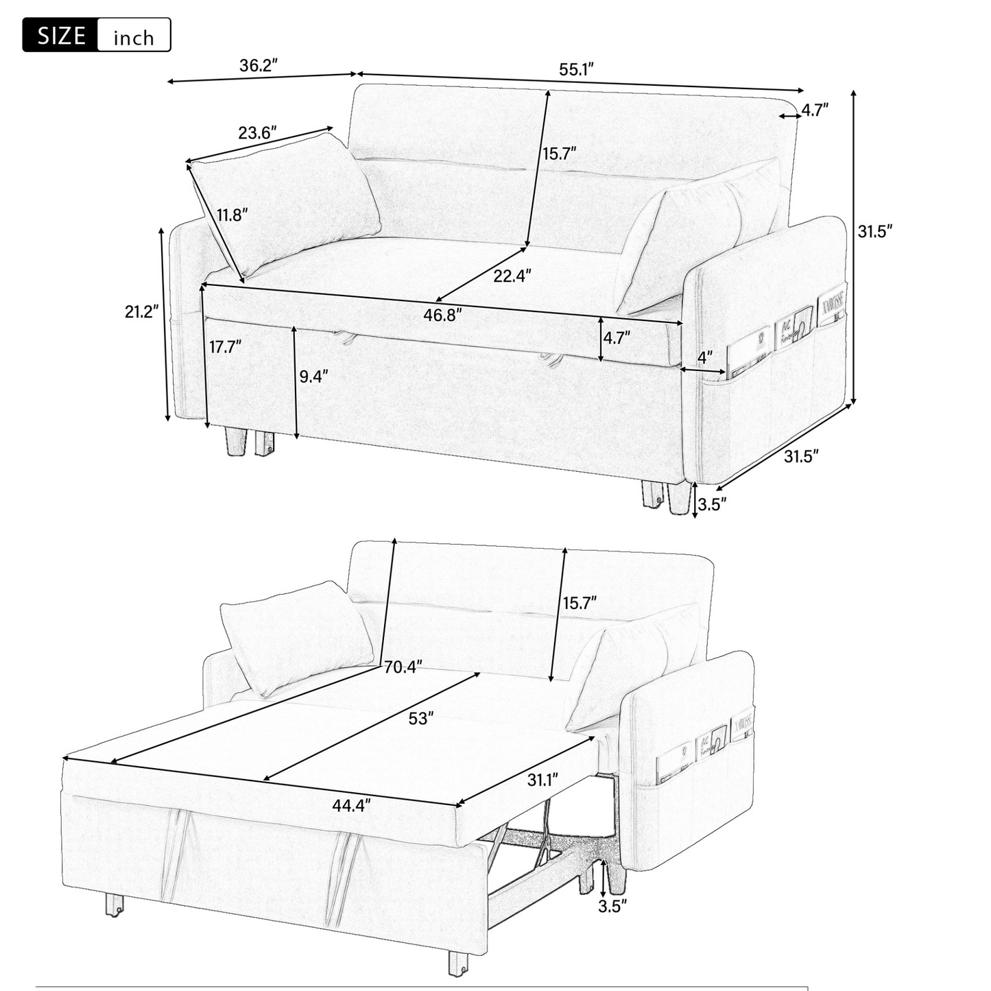 Upgrade Your Living Space with the 55.1" Pull Out Sleep Sofa Bed Loveseat - Blue