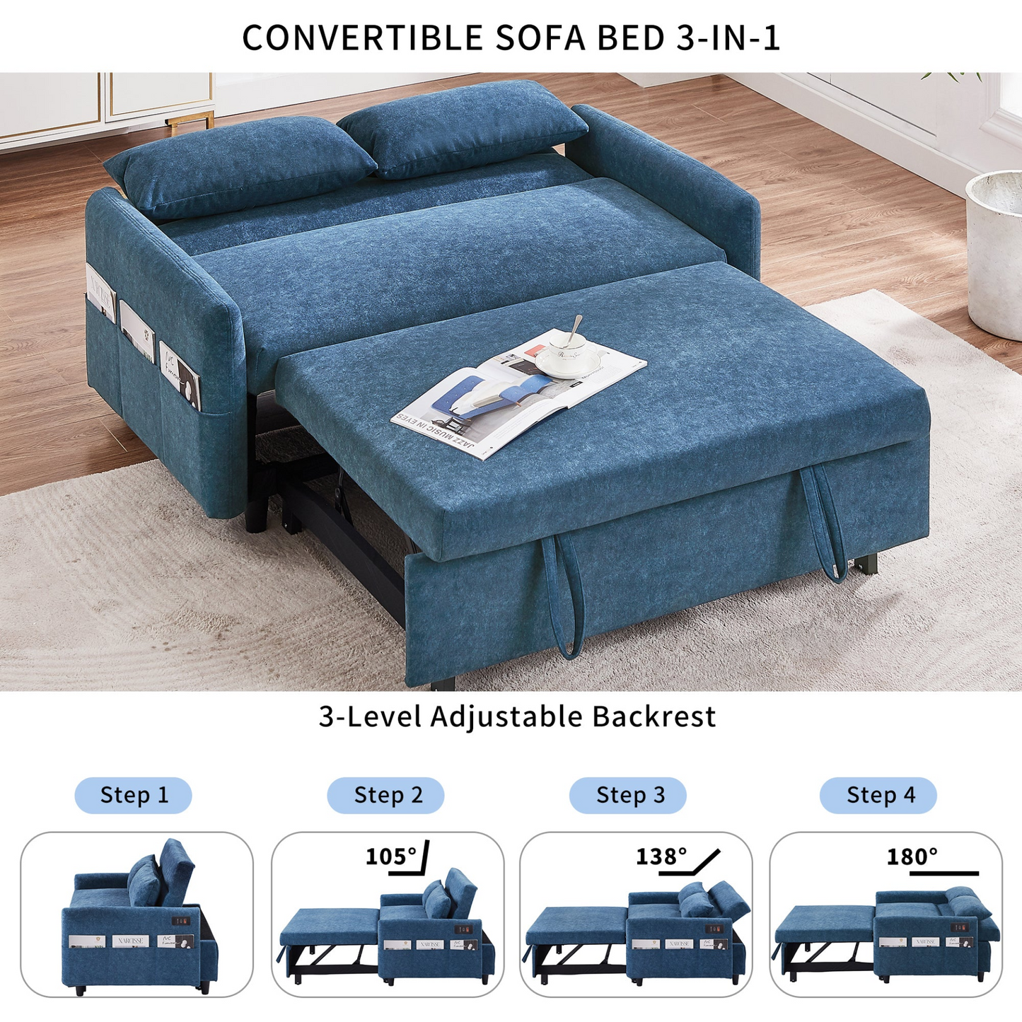 Upgrade Your Living Space with the 55.1" Pull Out Sleep Sofa Bed Loveseat - Blue