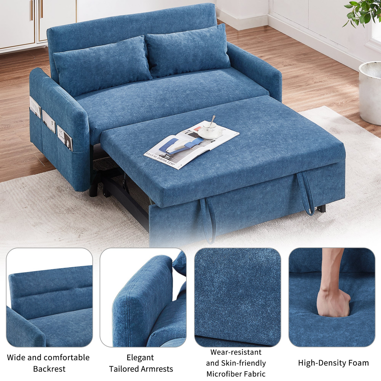 Upgrade Your Living Space with the 55.1" Pull Out Sleep Sofa Bed Loveseat - Blue