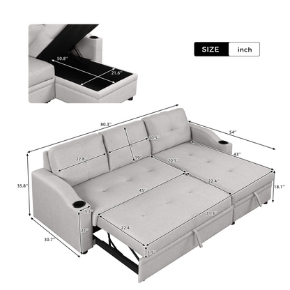 80.3" Pull Out Sofa Bed with Storage Chaise and Cup Holder