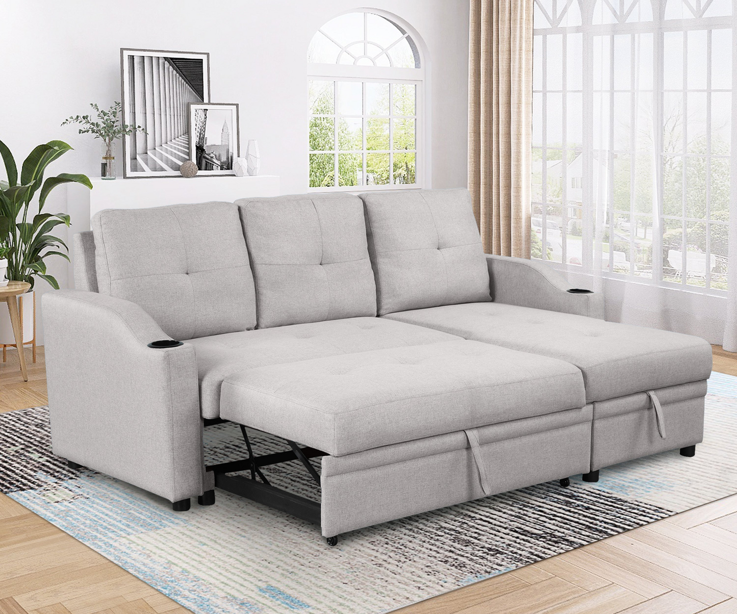 80.3" Pull Out Sofa Bed with Storage Chaise and Cup Holder