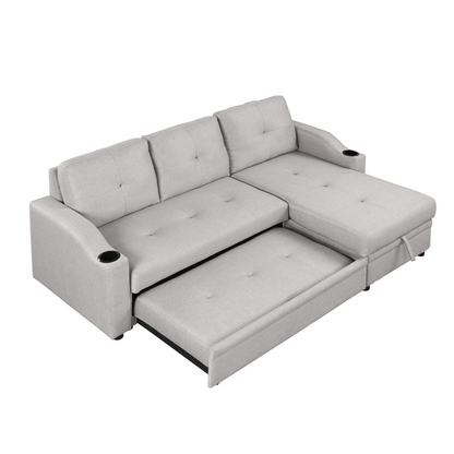 80.3" Pull Out Sofa Bed with Storage Chaise and Cup Holder